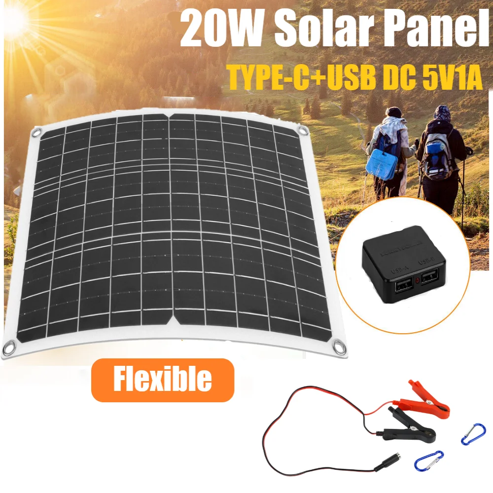 PowMr-Panneau solaire portable, 10W, 20W, 18V, flexible, 5V, 1A, panneau de charge extérieur pour téléphone portable, cellules solaires, banque d'alimentation pour le camping