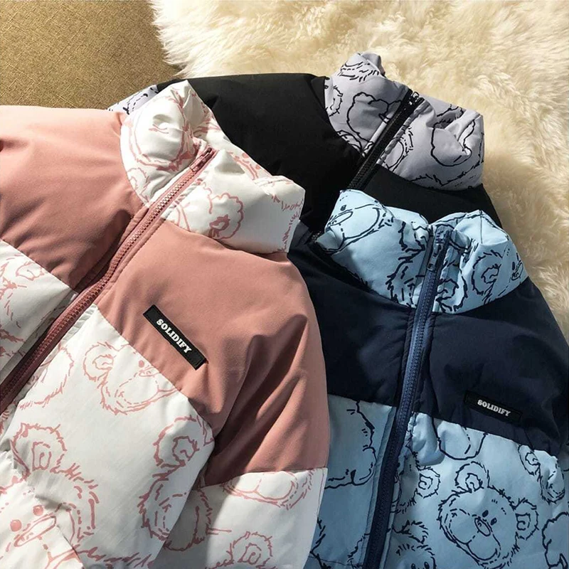Winter Bear Cotton Parkas Coats Female Preppy Zipper Jacket Harajuku Thicken Oversize Outerwear Short Parka Padded Coat Fashon