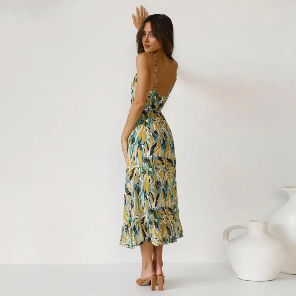 

Женское длинное платье с ярким принтом, Пляжное Платье с V-образным вырезом и молнией сзади, летний праздничный сарафан на бретельках для отпуска