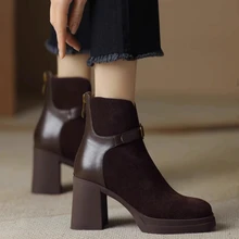  New Arrival Genuine Leather Chunky High Heels Platform Shoes Woman ANkle Boots Autumn WInter Warm Dress Party Lady Shoes 