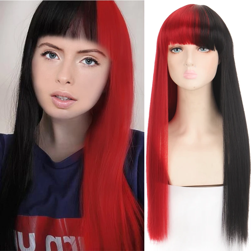 

MANWEI 27inch Long Straight Synthetic Wig With Bangs Half Black Half Red Cosplay Hair Lolita For Women