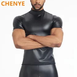New Waist Trainer Leather Shapewear Underwear Men Stand collar Body Shaper T-Shirt Faux Leather Short Sleeve Tops Slimming Shirt
