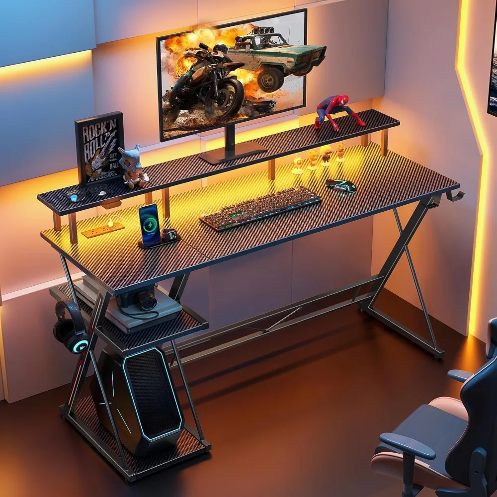 Gaming Desk with LED Lights & Power Outlets,55" Computer Desk with Monitor Stand & Storage Shelf,Gaming Table with Earphone Hook 2