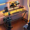 Gaming Desk with LED Lights & Power Outlets,55" Computer Desk with Monitor Stand & Storage Shelf,Gaming Table with Earphone Hook 2