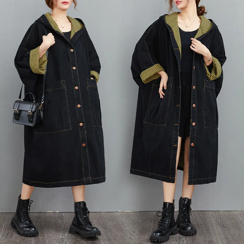 

Женский новый осенне-зимний свободный черный джинсовый Тренч с капюшоном в Корейском стиле