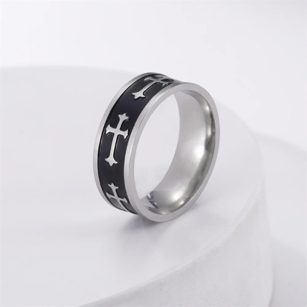 EUEAVAN Stainless Steel Jesus Cross Men Ring Black 8MM Wide Punk Hip-hop  Finger Rings Religious Christian Prayer Amulet Jewelry 5