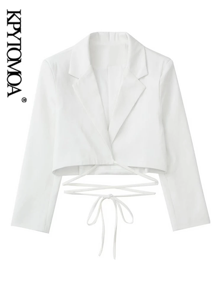 

KPYTOMOA Women Fashion With Ties Cropped Blazer Coat Vintage Long Sleeve With Buttons Female Outerwear Chic Veste Femme