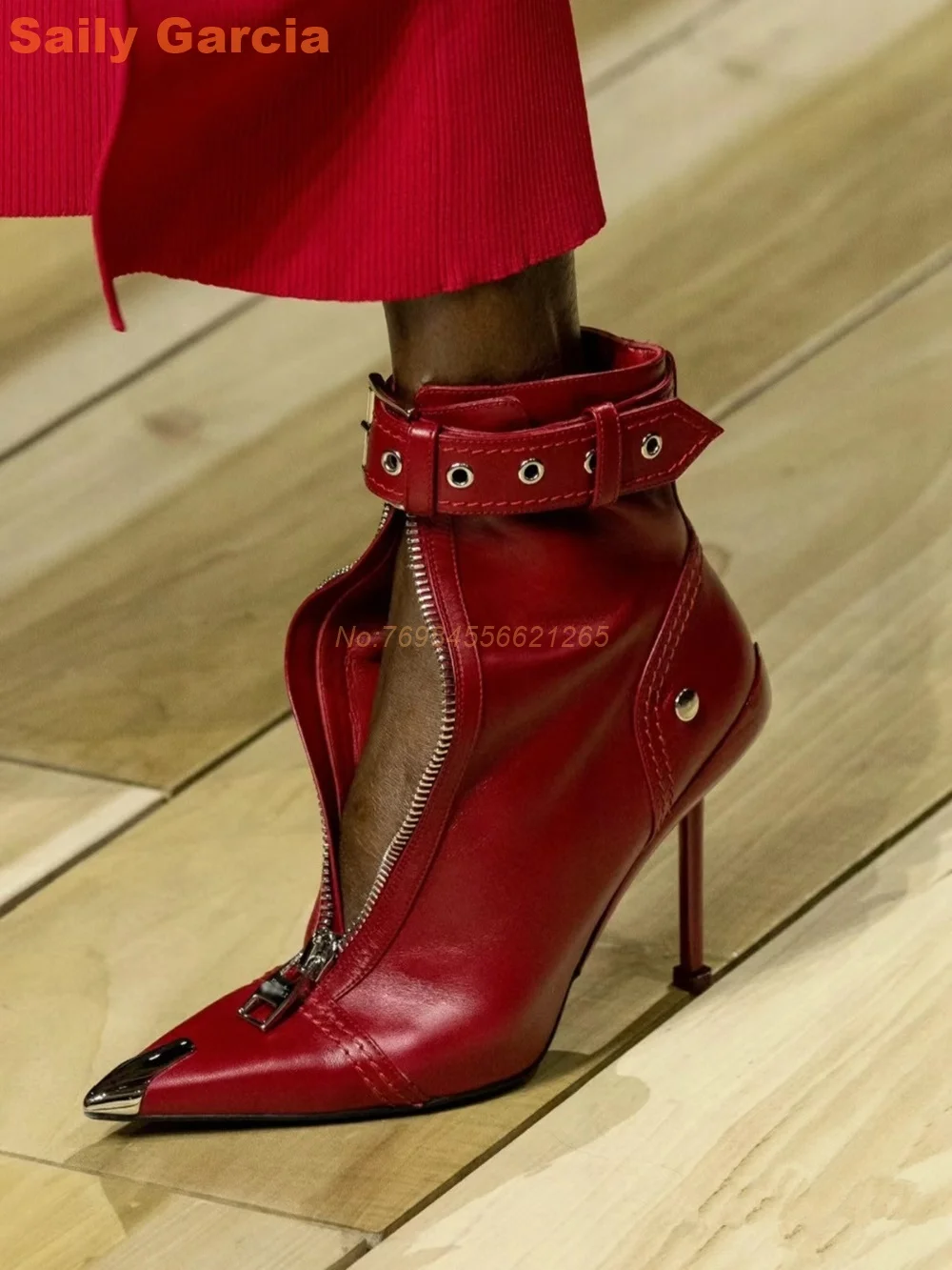 

Punk Zip Boots Splicing Sexy Pointed Metal Toe Belt Buckle Ankle Strap Thin High Heel Designer Women's Boots Black Red Fashion