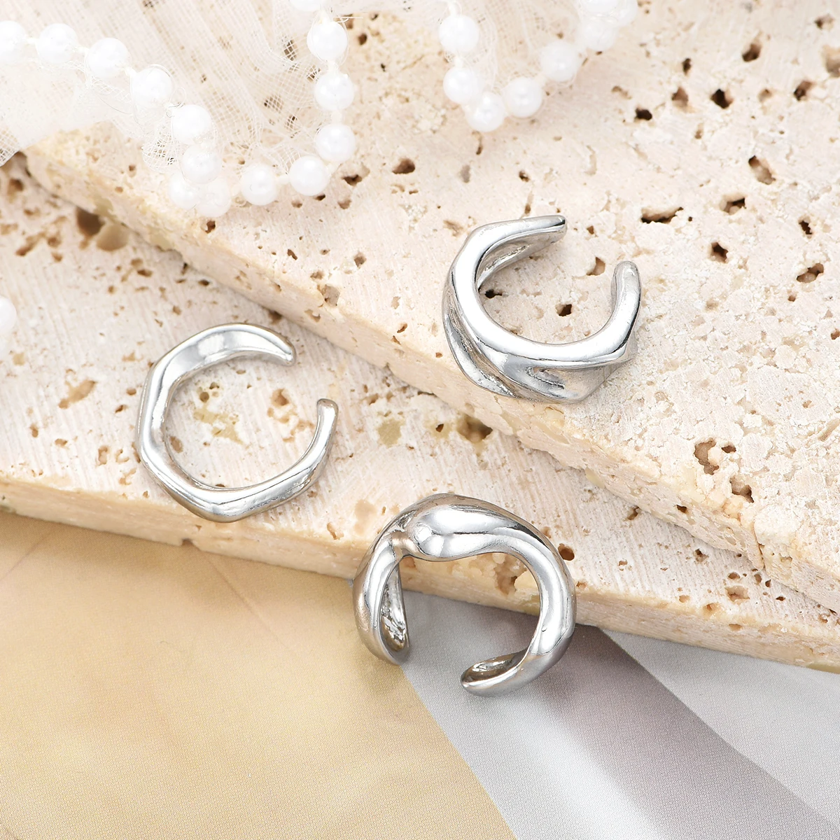 Ear Clip 3pcs Punk Irregular Silver Color Metal For Women Men Textured Non-Pierced Stylish Earcuff Christmas Jewelry