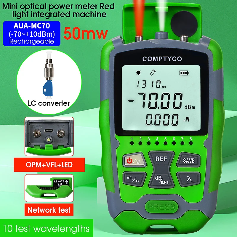 

AUA-MC70 Optical Power Meter -70~+10dBm 4 in 1 Multifunction Fiber Network Cable Tester Visual Fault Locator 1-50MW