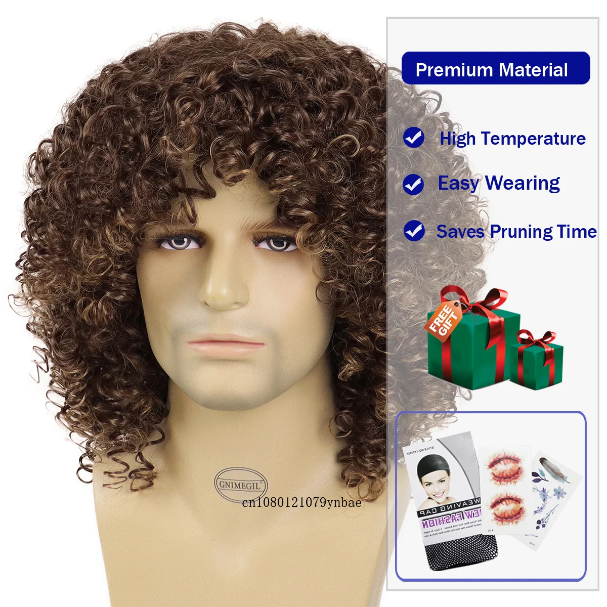Synthetic wig for men short afro kinky curly with bangs heat resistant natural mix brown cosplay highlight male costume synthetic wig