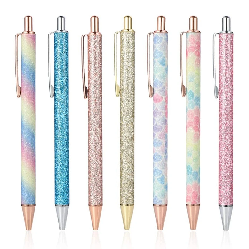 

7Pcs Ballpoint Pens Retractable Pen Black Ink Medium Point (1.0Mm) Click Ball Pens Rose Gold Office Supplies