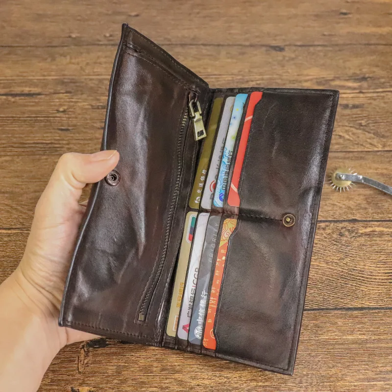 Handmade Vintage Leather Long Wallet for Men with Multiple Card Slots and Coin Holder