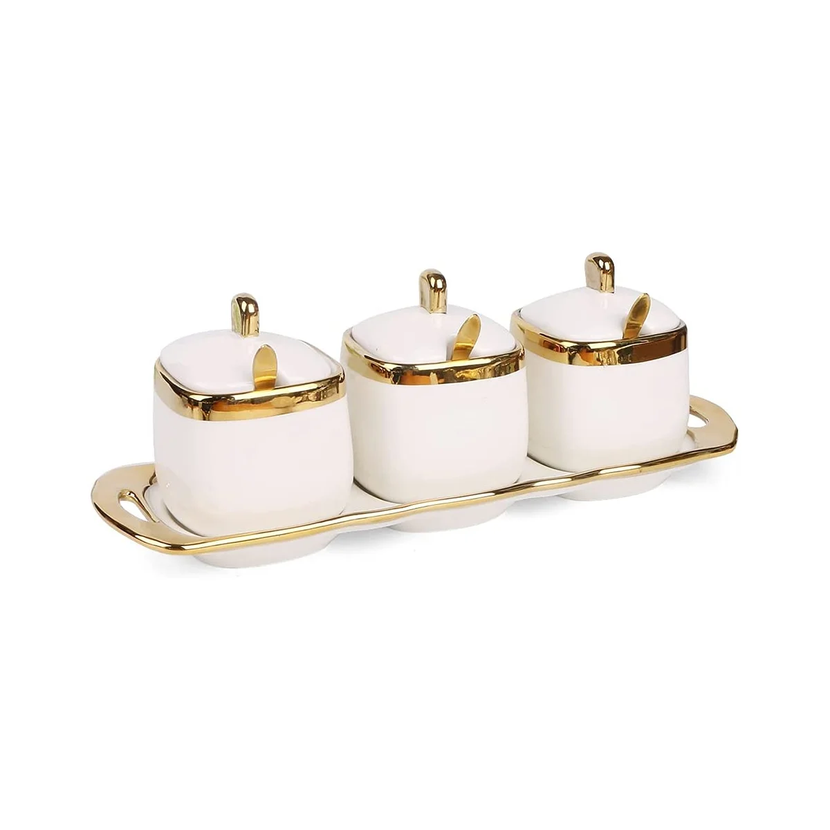 

3Pcs Ceramic Condiment Pots Porcelain Sugar Bowls Decorative Gold Salt Containers Pepper Boxes Kitchen Spice Jars,A
