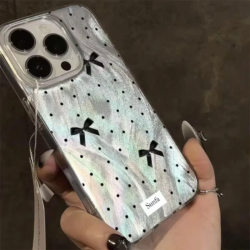 Black Polka Dot Bow Phone Case - Y2K-Inspired Hard Cover