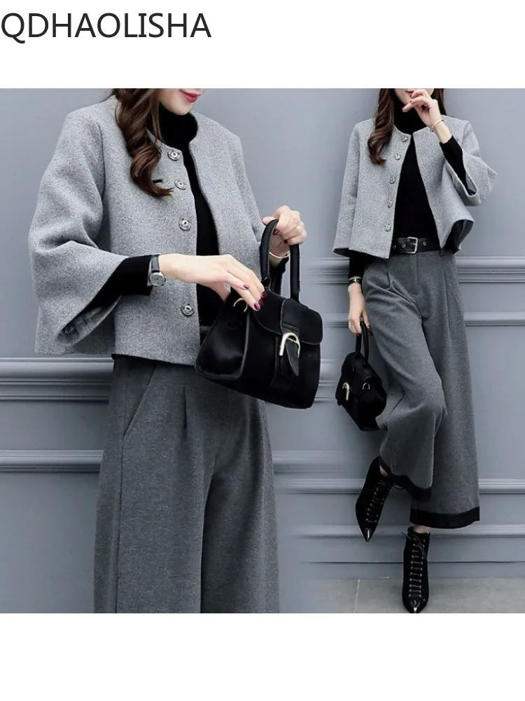 

Sets for Women 2 Pieces Autumer Winter Short Woolen Coat Casual Wide Leg Pants Set Fashion Elegant Women's Sets New Two Piece