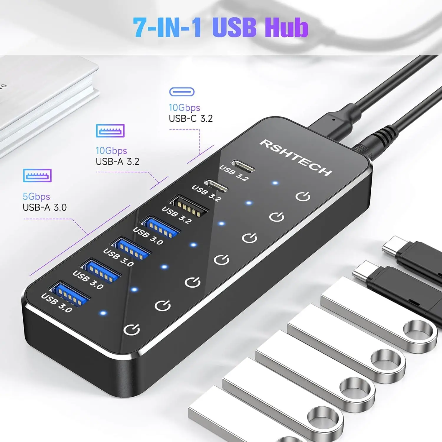 RSHTECH 7-Port Powered USB C Hub with 10Gbps USB-C 3.2 Ports Individual Touch Switches 5V/3A Power Adapter Laptop USB Splitter 3