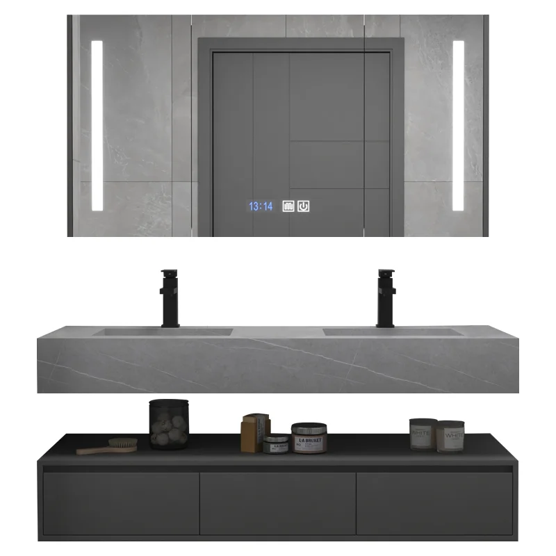 Luxury Hotel Floating Double Basins Bathroom Vanity Set Modern Bath Cabinet With Led Mirror