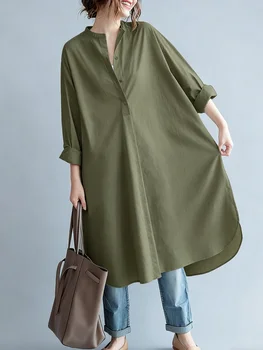 Women's Loose Stand Collar Long Shirt Dress - Cotton Blend Curved Hem Oversized Blouse for Casual, Office & Vacation Wear 1