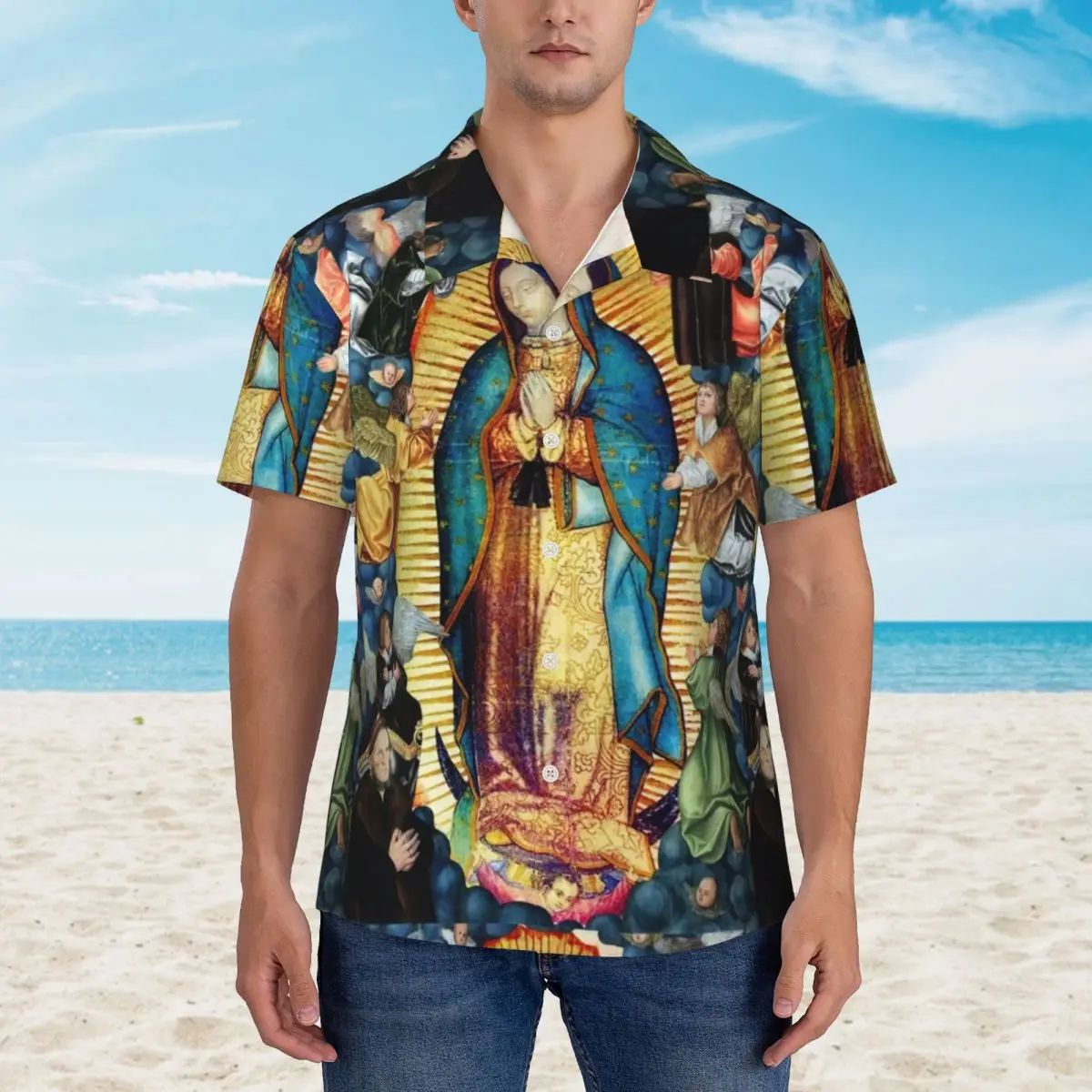 

Virgin Mary And Angels Beach Shirt Our Lady of Guadalupe Hawaii Casual Shirts Men Elegant Blouses Short Sleeve Breathable Top