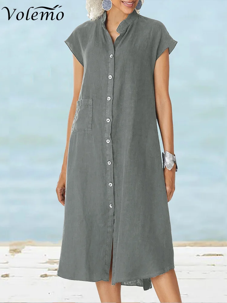 

Casual Short Sleeve Single-breasted Long Streetwear Beach Dress Ladies Cotton Linen Dress Women Casual Solid Buttoned Cover UP