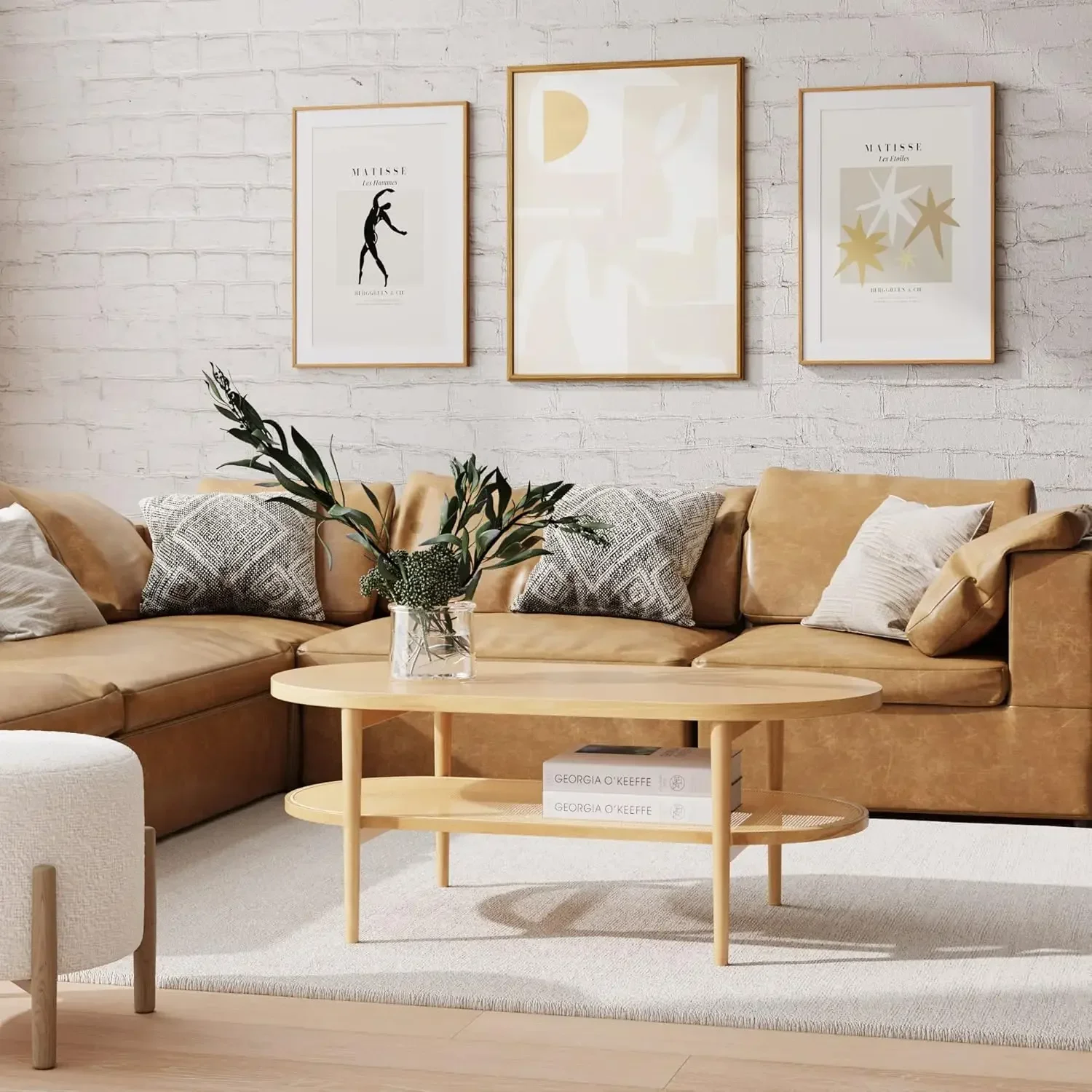 Sonia Coffee Table with Storage Shelf, Light Wood/Rattan 3