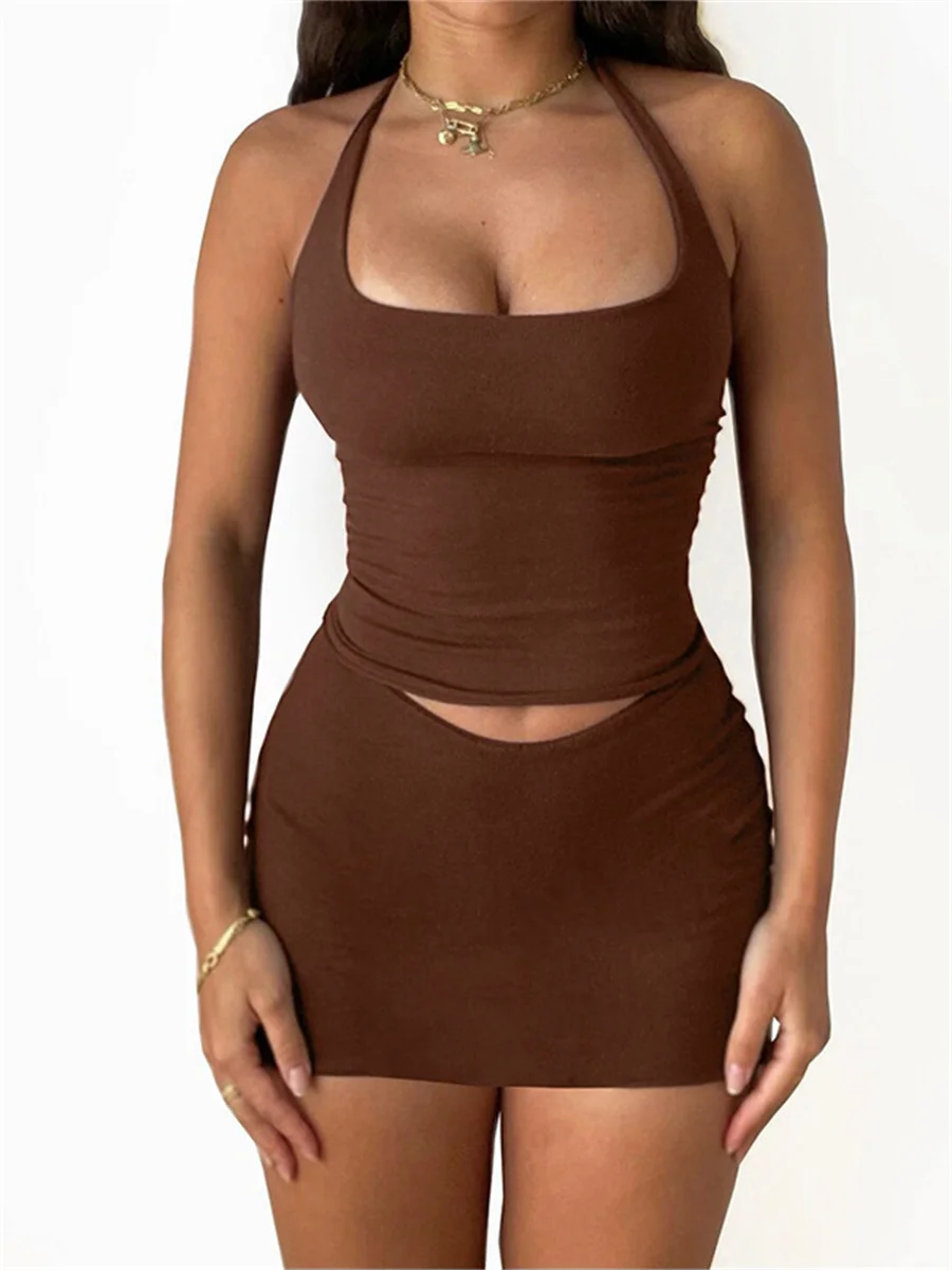 

wsevypo Summer Two-Piece Streetwear Suits Women Matching Sets Halter Tie Up Crop Tank Tops+Bodycon Mini Skirts Casual Club Sets