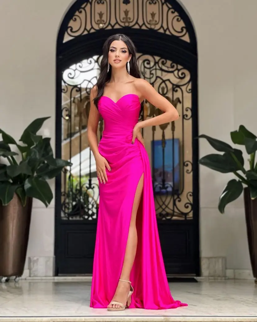 

Sapmae Scalloped Neckline Sheath Vent Zipper Up Sleeveless Court Train Pink Elegant Prom Formal Evenning Party Dress For Women