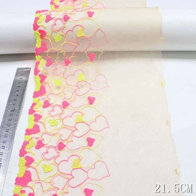 

31Yards Lively Flower Embroidery Lace Trim with Colorful Loving Heart Nude Mesh Fabric for Sexy Lingerie