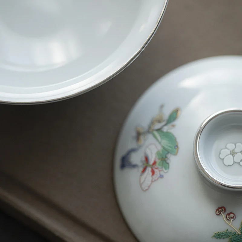 Retro Moon Butterfly Ceramic Tea Tureen Boutique Japanese High-footed Tea Bowl Maker Cover Bowl Household Kung Fu Set