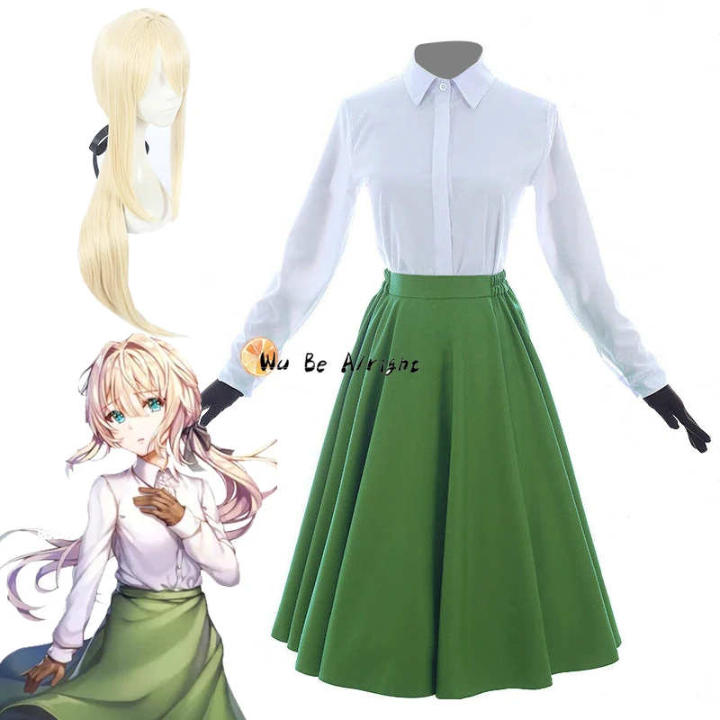 Disfraz de Anime Cosplay, conjunto de guantes de vestir, blusa blanca y uniforme informal, muñeca de memoria, violeta, Evergarden| | -