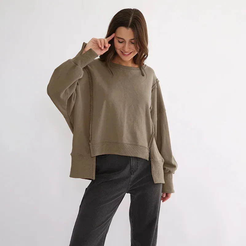 

Oversized 100% Cotton Women Sweatshirts Long Sleeve Patchwork Open Side Streetwear Harajuku Pullovers Autumn Clothes For Women