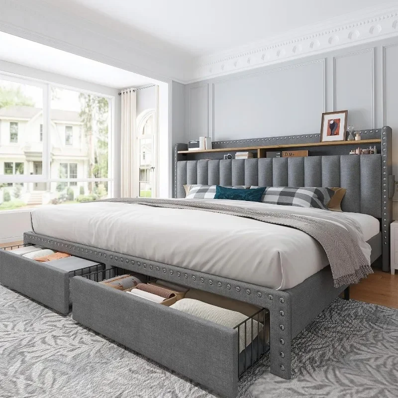 ZHENXIANG King Size Bed Frame with Storage and Headboard, Upholstered King Bed Frame/Storage, Grey King Bed Frame with 2 Drawers