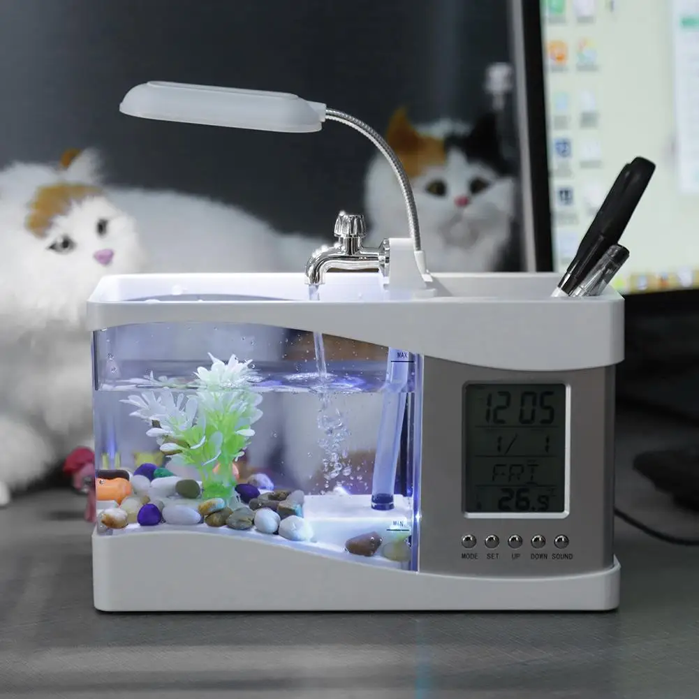 USB Rechargeable Mini Desktop Aquarium with LED Light LCD Display & Clock Multifunctional Fish Tank Supplies