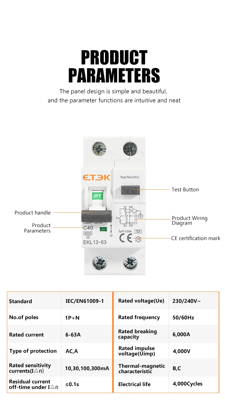 ETEC RCBO Type A 1P+N Residual Automatic Circuit Breaker With Over Current Leaka