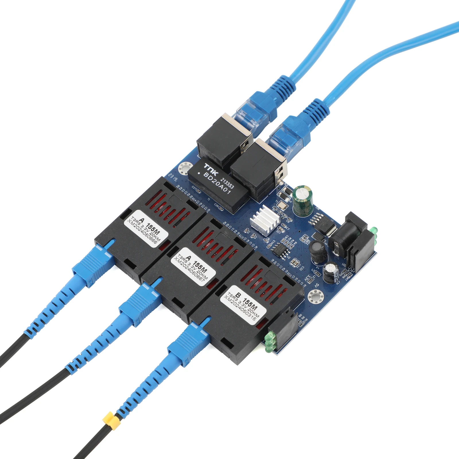1*10M/100M Fiber Optic Media Converter 2 RJ45 to 3 SC 2A+1B Optic Connector 1310nm/1550nm Ports PCBA Board 20KM Ethernet Switch