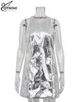 Oymimi Sexy Slim Sliver Pu Leather Dress Ladies Bodycon O-Neck Sleeveless Dress Elegant Classicc Party Dresses For Women 2023 - Image 5