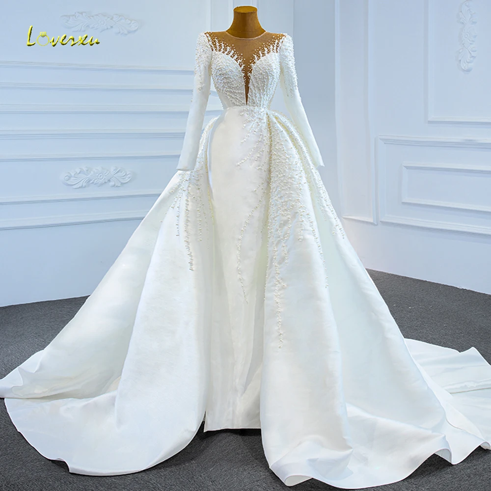 

Loverxu Mermaid Satin Wedding Dresses 2024 O-Neck Long Sleeve Vestido De Novia Beading Detachable Train 2 In 1 Robe De Mariee