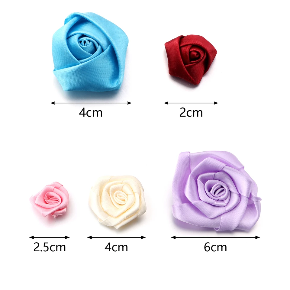 LOPURO - Mini Rosas De Cinta, 100 Flores Artificiales De Tela Con Hojas Verdes, Rosetas De Colores Mezclados, Mini Rosas De Cinta Para Manualidades, Costura, Manualidades, Decoración De Bodas