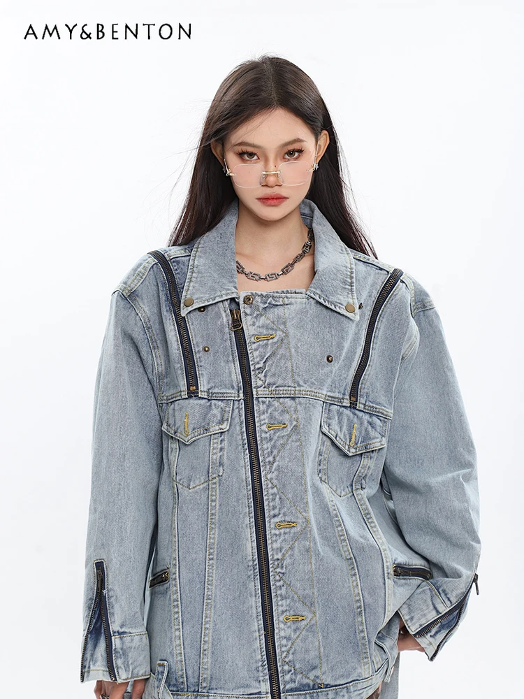 

Harajuku Style Fashion Design Zipper Off-Shoulder Jeans Jackets for Women Autumn New Y2K Turn-down Collar Loose Slim Punk Coats