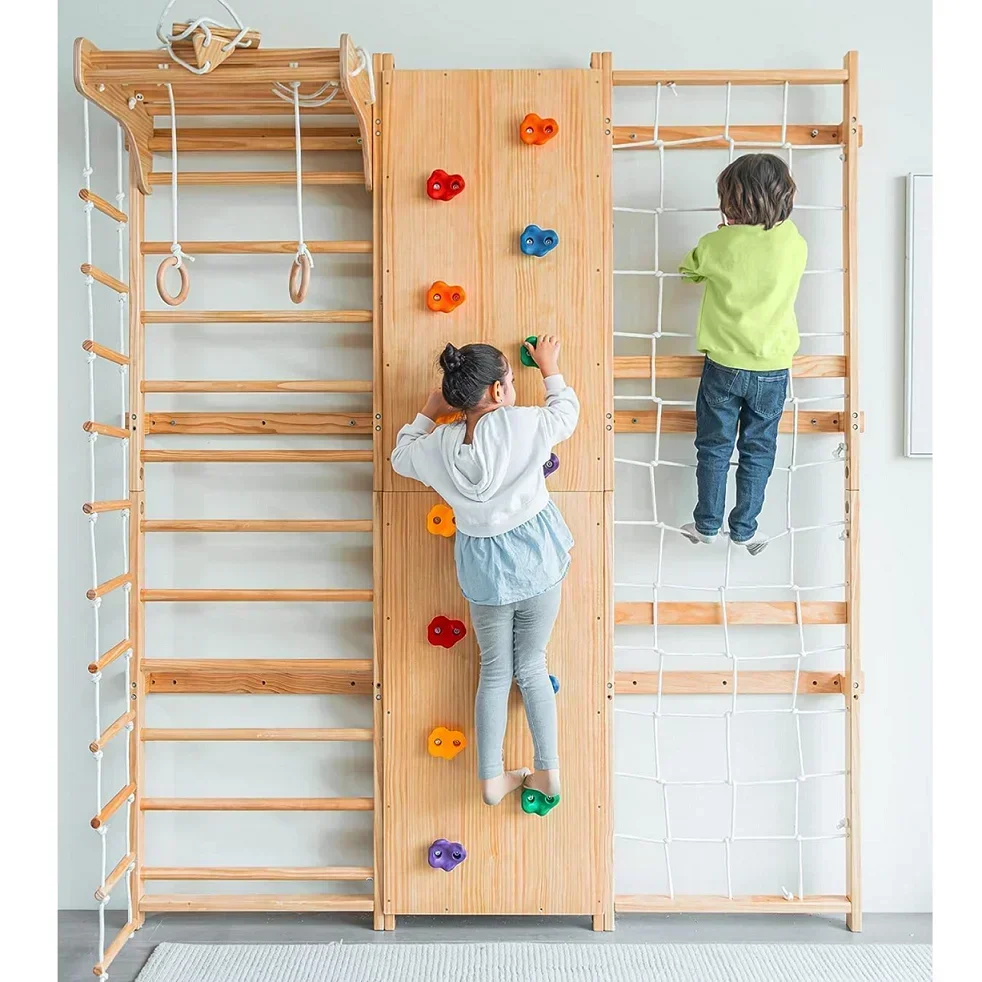 9-in-1 Ladder Wall Gym Set Trapeze Rock Wall Climber Montessori Climbing Equipment With Slide Pullup Bar Ladder And Swing