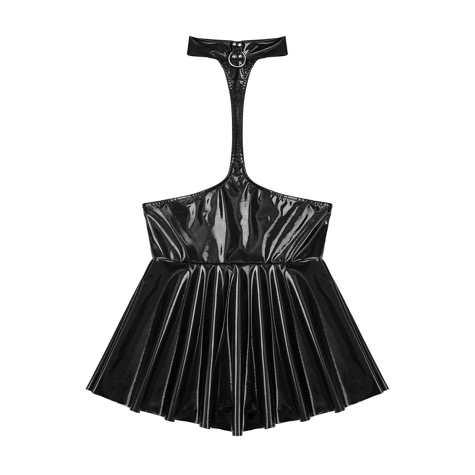 Womens Open Chest Halter Mini Dress Wet Look Patent Leather Rave Carnival Party Ruffled Sleeveless Backless Dress Nightclubwear 3