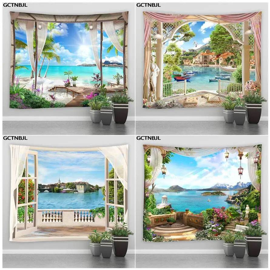 

Vintage European Balcony Vacation Wall Hanging Tapestry Nature Landscape Sea Mountain Travel Beach Dorm Boho Decor Wall Blanket