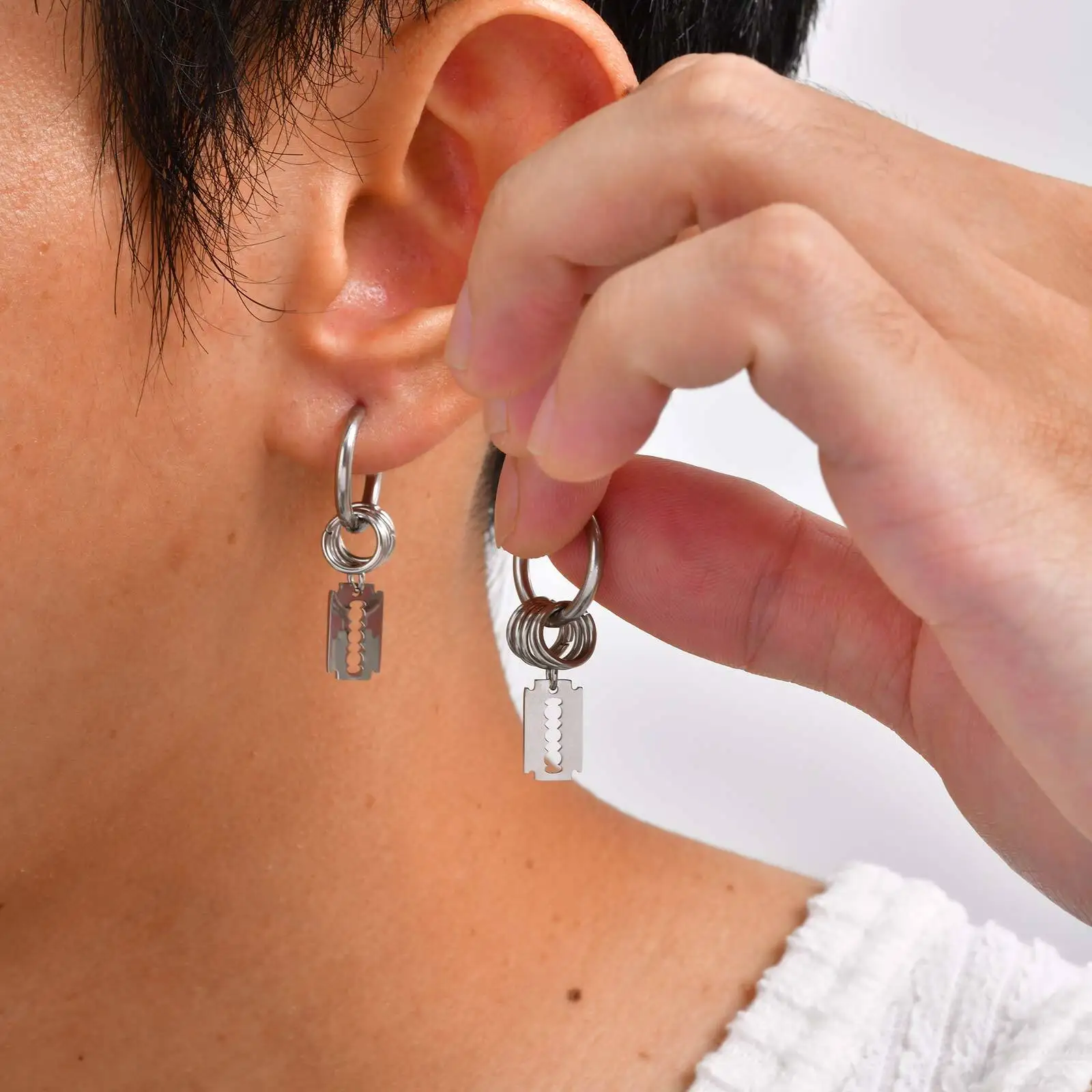 Fashion Hoop Earring for Men Boys,Stainless Steel Blade Huggies Hoop Earring,Hip Hop Punk Jewelry Gift