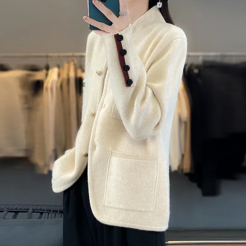 2024 Aautumn And Winter New Blend Wool Sweater Women's Cardigan Stand Collar Thick Versatile Solid Color Knitted Jacket Camel