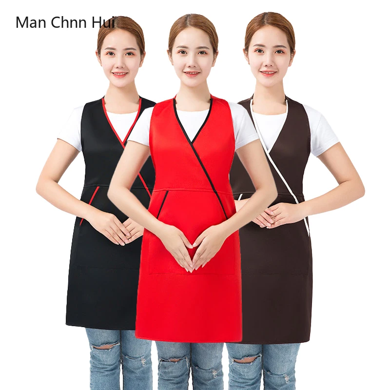 cotton waterproof apron restaurant bar coffee shop supermarket waiter work clothes Lady Women Kitchen Cooking Apron Linens Long Bib Catering Waiter supermarket coffee nail shop Adult work Aprons Black Red Brown