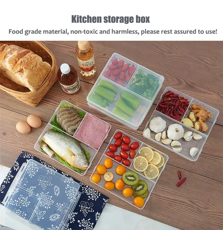 3 Grids Food Storage Box Container Fruit Vegetable Refrigerator Freezer Organizers Sub-Packed Meat Ginger Kitchen Accessories