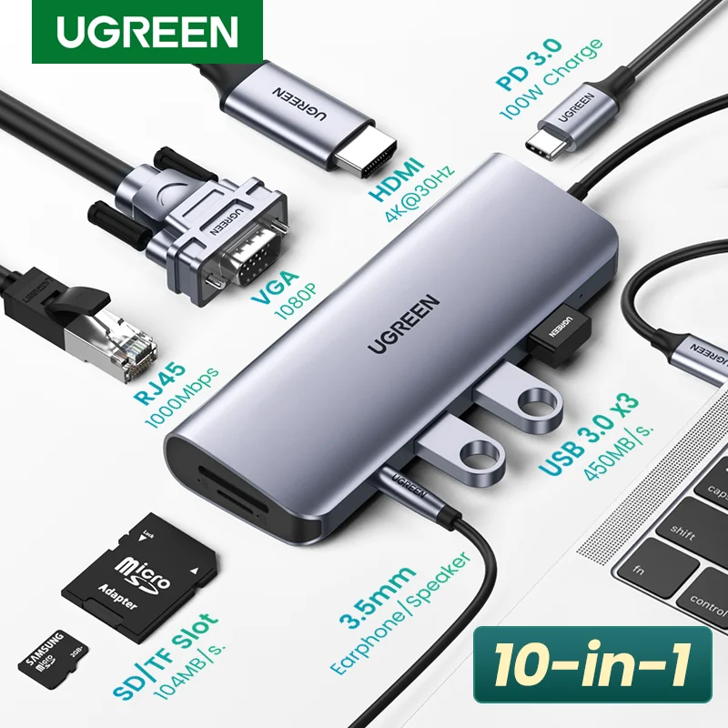 KATA 10-in-1 Type C Hub,USB C Hub,2 USB 2.0 Ports,2 USB 3.0 Ports，USB C to HDMI+VGA+LAN+PD 