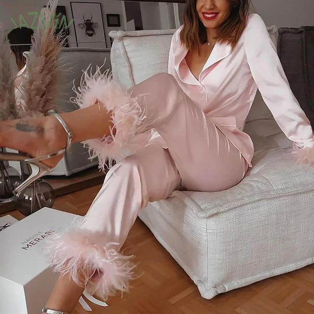 Victoria's Secret-Pijama de plumas para mujer, camisa de seda con solapa y botones, Conjunto de pijama de manga larga, 2 piezas - AliExpress Mobile