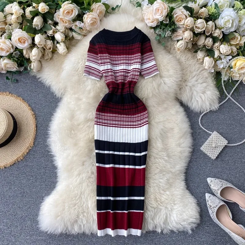 YuooMuoo Lady Stripes Knitted Bodycon Office Dress Summer Slim Elastic Sexy Package Hips Party Dress Women Outfits Vestidos 2